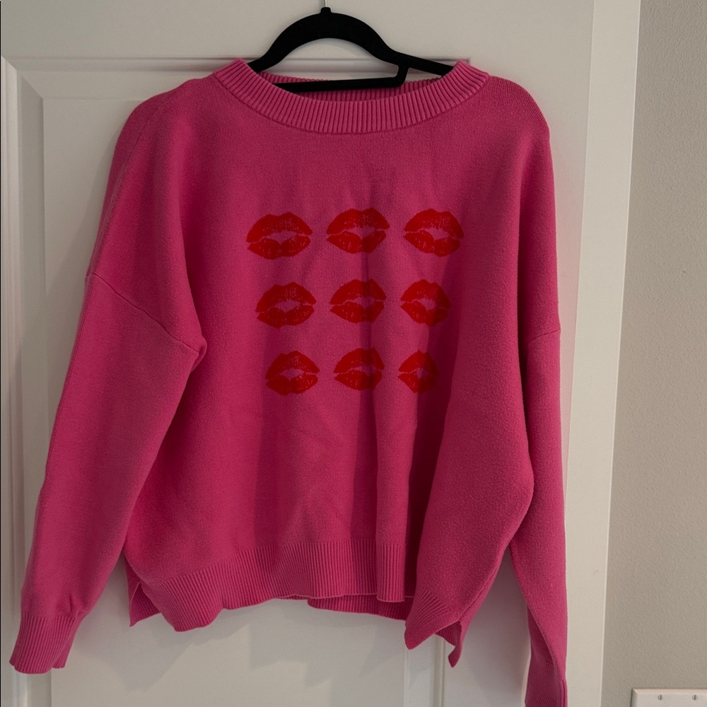 Never Fully Dressed Pink Sweater with Red Lip Design